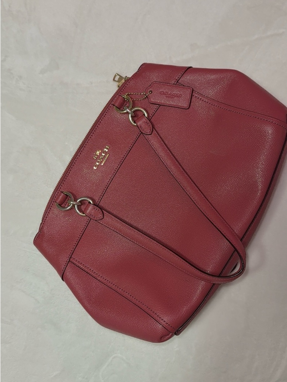 Coach Rose Red Pebbled Leather Shoulder Tote with Gold Hardware